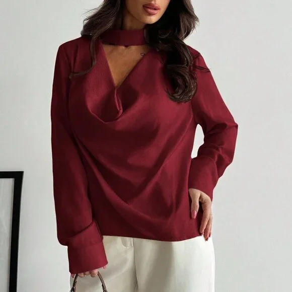 Burgundy Minimalist Women's 0vowl neck Long Sleeve Shirt - Picture 4 of 7